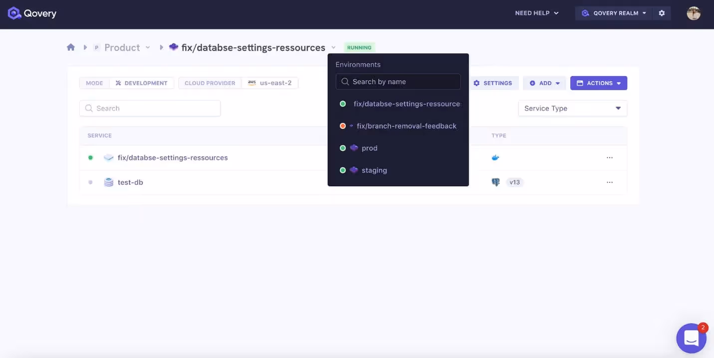 Qovery dashboard, 2021